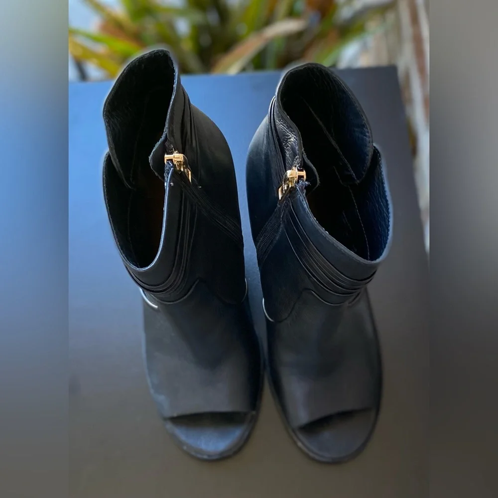 Coach Black Leather Peep-Toe Stiletto Ankle Boots with Feather Tassel